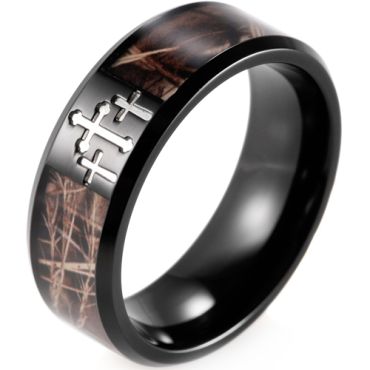 **COI Black Titanium Camo Beveled Edges Ring With Cross-8291AA