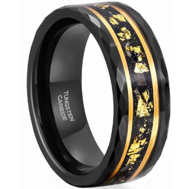 **COI Tungsten Carbide Black Gold Tone Faceted Ring With 18K Yellow Gold Foil-8302AA