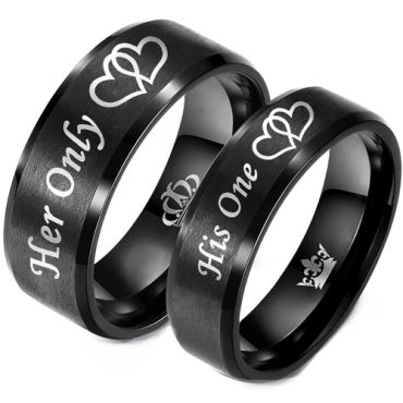**COI Black Tungsten Carbide His One Her Only Double Hearts Beveled Edges Ring With Crown-8318AA