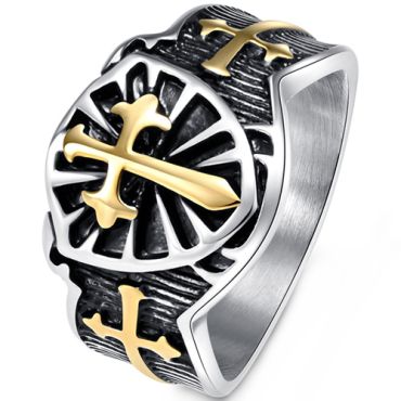 **COI Titanium Black/Gold Tone Silver Ring With Cross-8323AA