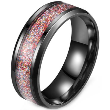 **COI Black Titanium Rainbow Color Meteorite Beveled Edges Ring-8327AA