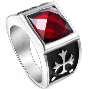 **COI Titanium Black Silver Cross Ring With Created Red Ruby/Blue Sapphire-8335AA