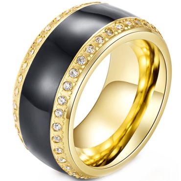 **COI Gold Tone Titanium Black Ceramic Ring With Cubic Zirconia-8339AA