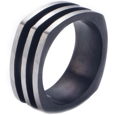 **COI Titanium Silver/Black/Gold Tone Silver Grooves Square Ring-8368AA