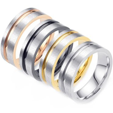 **COI Titanium Silver/Rose/Gold Tone/Black Silver Offset Groove Pipe Cut Flat Ring-8371AA