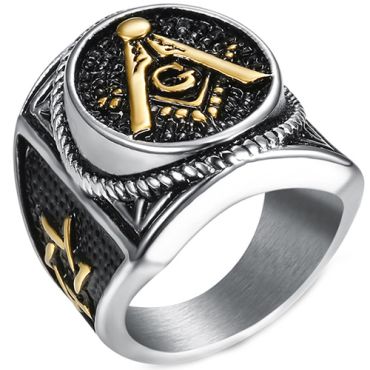 **COI Titanium Black Gold Tone Silver Masonic Freemason Ring-8400AA