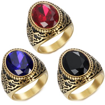 **COI Gold Tone Titanium Celtic Ring With Created Blue Sapphire/Red Ruby/Black Onyx-8402AA