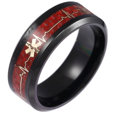 **COI Titanium Black Red Gold Tone Medical Alert Ring With Carbon Fiber-8404AA