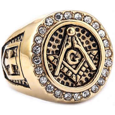 **COI Titanium Gold Tone Black Masonic Freemason Ring With Cubic Zirconia-8414AA