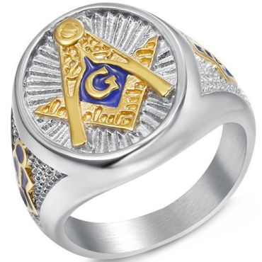 **COI Titanium Gold Tone Blue Silver Masonic Freemason Ring-8434