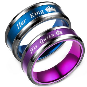 **COI Titanium Black Blue/Purple King Queen Ring With Crown-8439AA