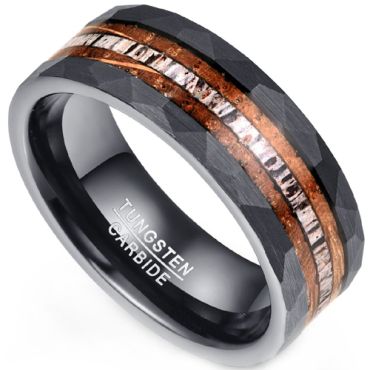 **COI Black Tungsten Carbide Hammered Ring With Deer Antler & Wood-8483AA