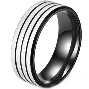 **COI Titanium Black Silver Triple Grooves Sandblasted Ring-8542AA