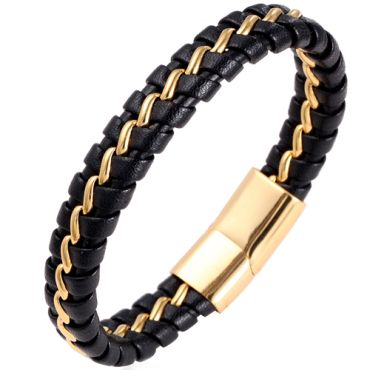 COI Gold Tone Titanium Black Leather Bracelet With Steel Clasp(Length: 8.27 inches)-8564AA