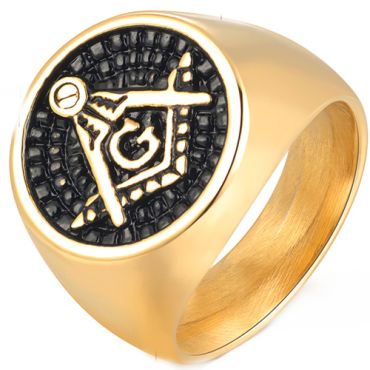 **COI Titanium Gold Tone Black Masonic Freemason Ring-8566AA
