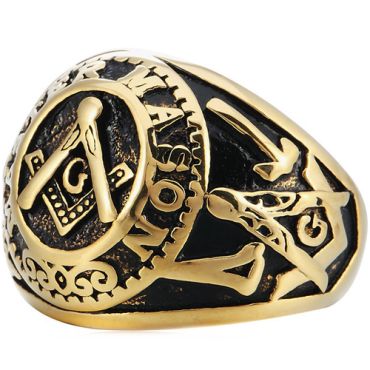 **COI Titanium Black Gold Tone Masonic Freemason Ring-8579AA