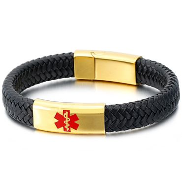 COI Titanium Gold Tone/Silver Medical Alert Black Leather Bracelet With Steel Clasp(Length: 8.66 inches)-8586AA