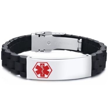 COI Titanium Medical Alert Bracelet With Black Silicon & Steel Clasp(Length: 8.27 inches)-8589AA