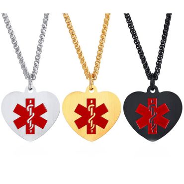 COI Titanium Black/Gold Tone/silver Medical Alert Heart Shaped Pendant-8591AA