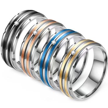**COI Titanium Black/Gold Tone/Blue/Rose Silver Center Groove Step Edges Ring-8606AA