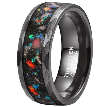 **COI Black Tungsten Carbide Hammered Ring With Crushed Opal & Meteorite-8621AA