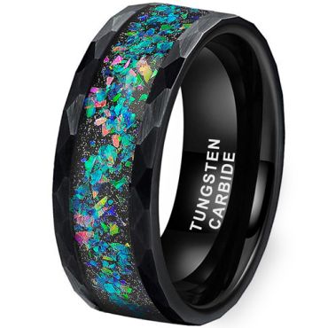 **COI Black Tungsten Carbide Hammered Ring With Crushed Opal-8622AA