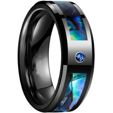 **COI Black Titanium Abalone Shell Beveled Edges Ring With Created Blue Sapphire-8623AA