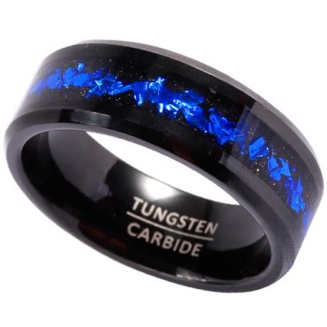 **COI Black Tungsten Carbide Beveled Edges Ring With Meteorite & Crushed Opal-8624AA