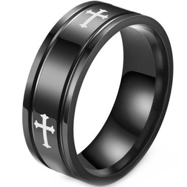 **COI Black Titanium Double Grooves Ring With Cross-8632AA