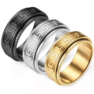 **COI Titanium Black/Gold Tone/Silver Greek Key Pattern Step Edges Ring-8636
