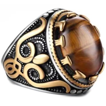 **COI Titanium Black Gold Tone Silver Ring With Tiger Eye-8674