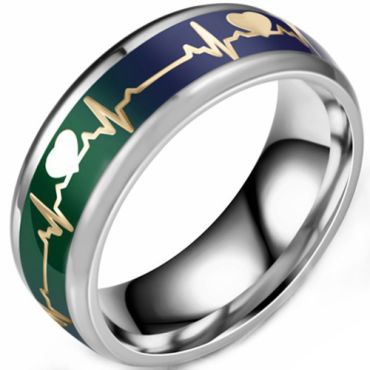 **COI Titanium Green Gold Tone Heartbeat & Heart Beveled Edges Ring-8689