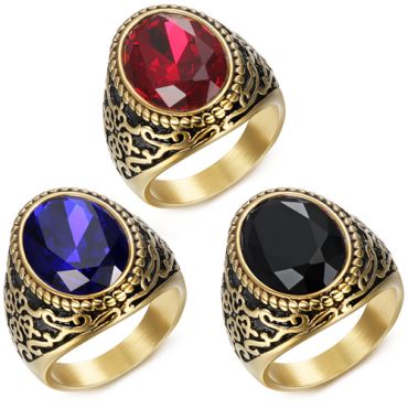 **COI Titanium Black Gold Tone Ring With Black Onyx/Created Blue Sapphire/Red Ruby-8721AA