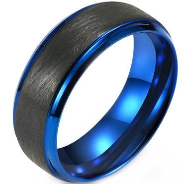 **COI Titanium Black Blue Sandblasted Beveled Edges Ring-8730AA