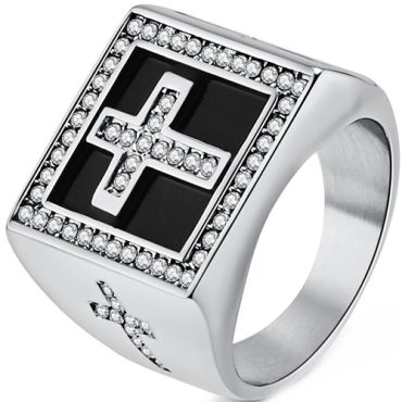 **COI Titanium Black Silver Cross Ring With Cubic Zirconia-8732AA
