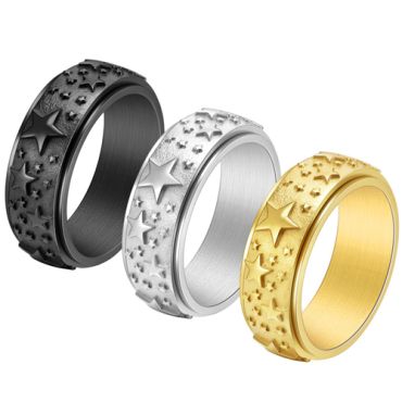 **COI Titanium Black/Gold Tone/Silver Step Edges Ring With Stars-8741AA
