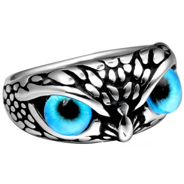 **COI Titanium Black/Gold Tone/Silver Owl Ring With Cat Eye Stone-8748AA