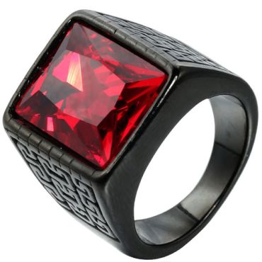 **COI Black Titanium Greek Key Pattern Ring With Created Red Ruby/Green Emerald/Blue Sapphire/Black Onyx-8750AA