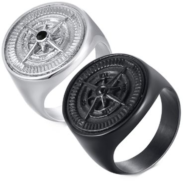 **COI Titanium Black/Silver Campass Ring With Cubic Zirconia-8757AA