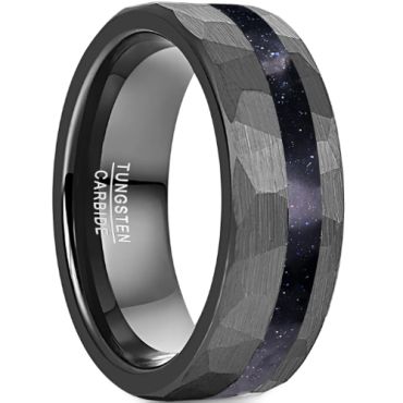 **COI Black Tungsten Carbide Hammered Ring With Blue Meteorite-8764AA
