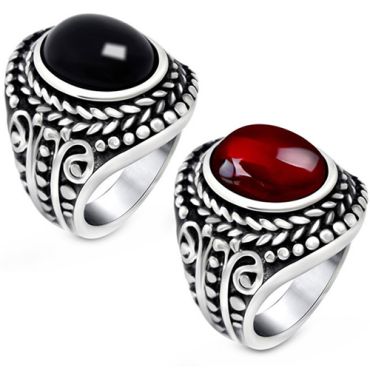 **COI Titanium Black Silver Ring With Black Onyx Cabochon/Created Red Ruby-8768AA