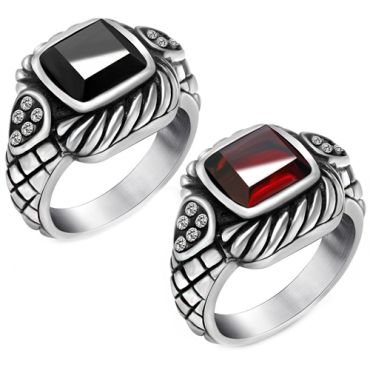 **COI Titanium Black Silver Cubic Zirconia Ring With Black Onyx or Created Red Ruby-8769AA