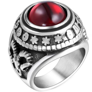 **COI Titanium Black Silver Ring With Black Onyx/Created Red Ruby Cabochon-8772AA