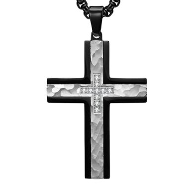 **COI Titanium Black Rose/Silver Cross Pendant With Cubic Zirconia-8780AA