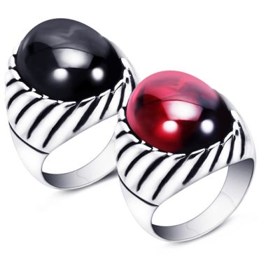 **COI Titanium Black Silver Ring With Black Onyx or Created Red Ruby Cabochon-8795AA