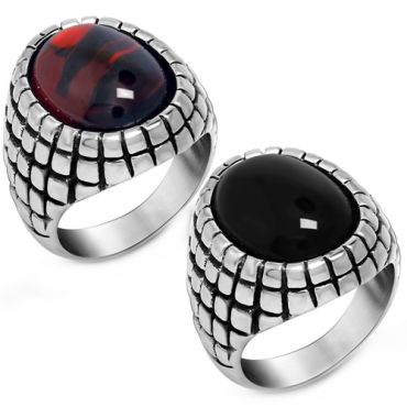 **COI Titanium Black Silver Ring With Created Red Ruby/Black Onyx Cabochon-8805AA