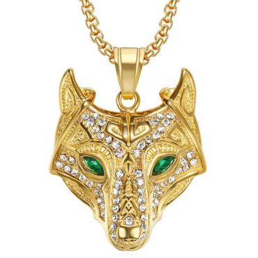 **COI Gold Tone Titanium Wolf Pendant With Created Green Emerald-8846AA