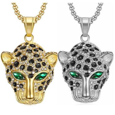 **COI Titanium Black Gold Tone/Silver Leopard Pendant With Cubic Zirconia & Created Green Emerald-8849AA