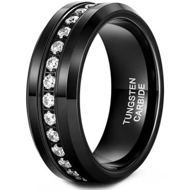 **COI Black Tungsten Carbide Beveled Edges Ring With Cubic Zirconia-8862AA