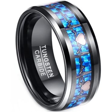 **COI Black Tungsten Carbide Heartbeat & Heart Beveled Edges Ring With Carbon Fiber-8868AA